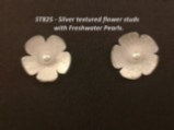 silver flower textured earrings with freshwater pearls